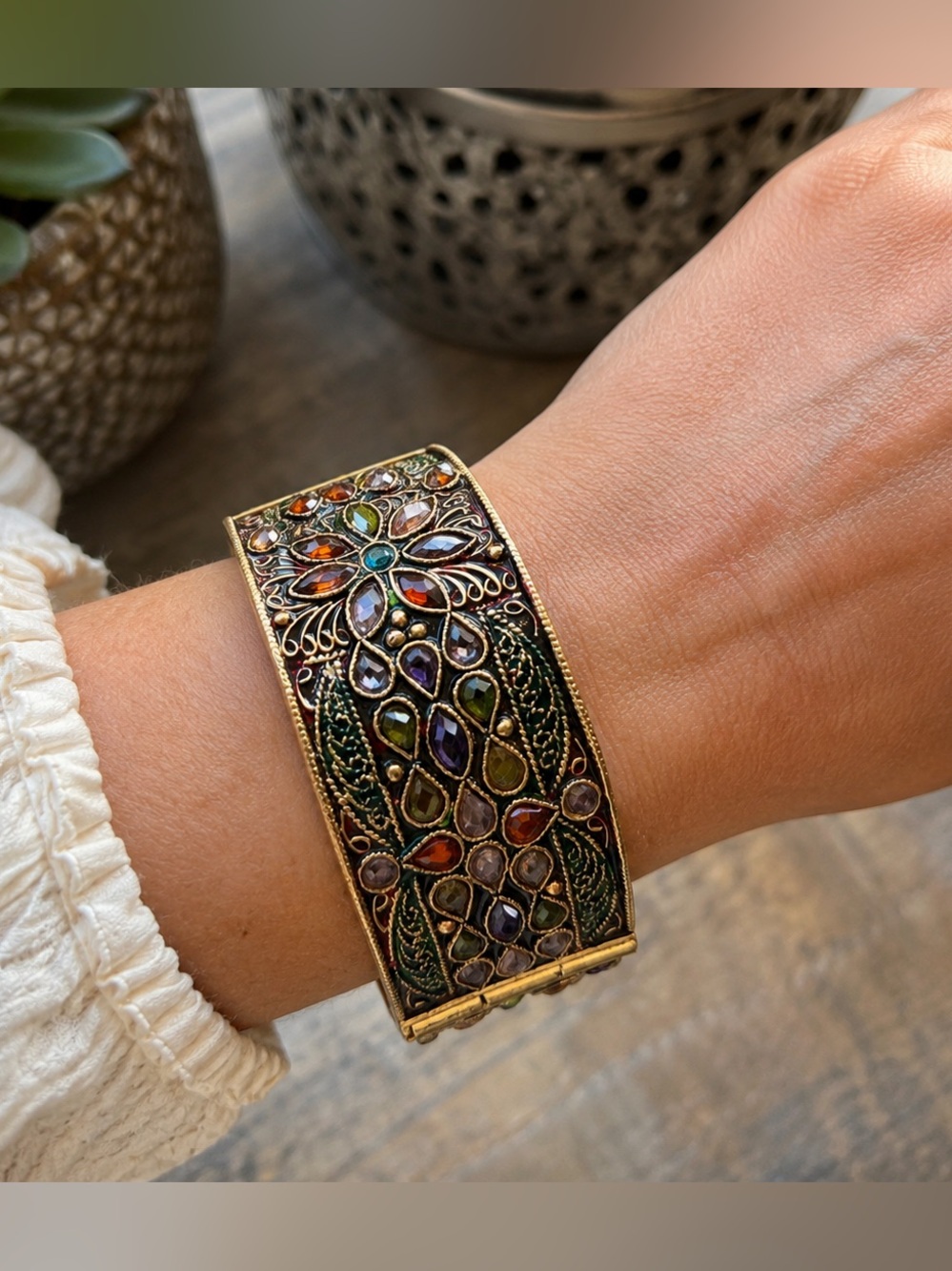 Artisan Mosaic Enamel & Crystal Hinged Cuff Bracelet